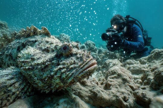 Underwater portrait of a camouflaged stonefish near a cautious diver on an Indonesian reef