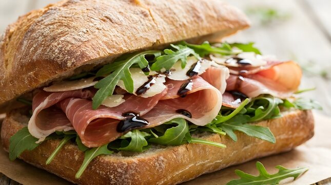 A gourmet sandwich with prosciutto, arugula, and balsamic glaze on a rustic wooden background.