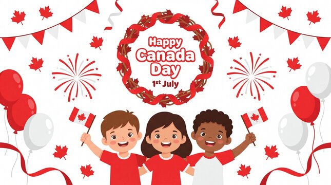 Happy Canada Day July 1 Celebration with Children Holding Canadian Flags