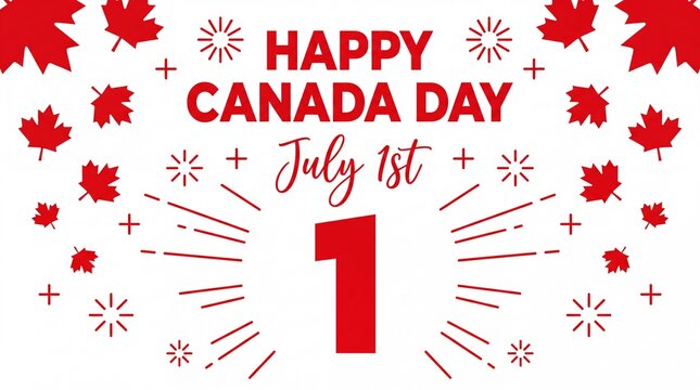 Happy Canada Day July 1 Celebration Poster with Maple Leaves and Fireworks