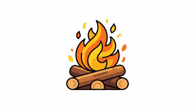 A cartoon campfire with yellow and orange flames and sparks on brown logs