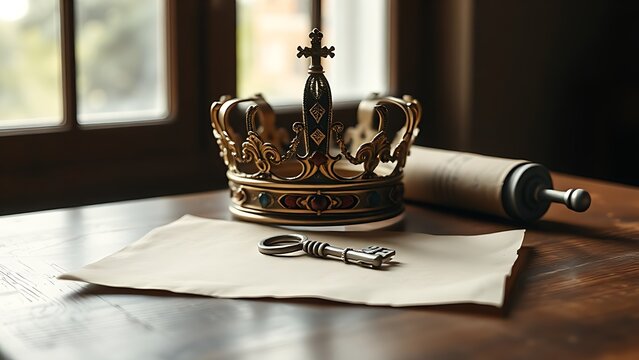 Noble crown, ancient key, and sealed scroll arranged on oak table in soft light.