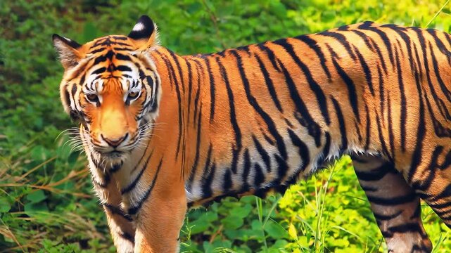Majestic tiger walking through lush green foliage in natural habitat