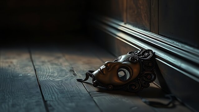 A solitary ornate Venetian mask rests on a dusty wooden floor in dim light.