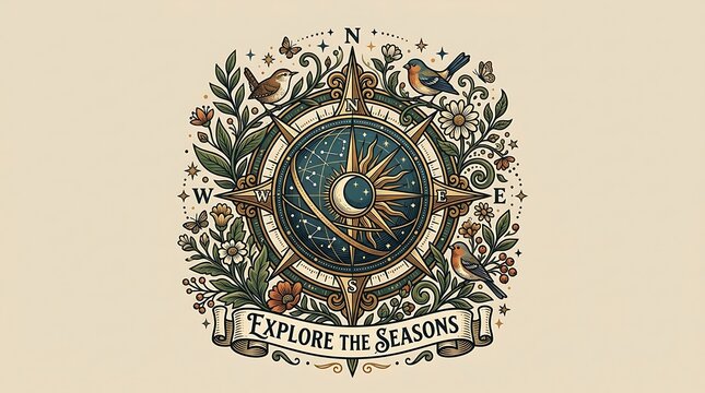 Ornate vintage compass rose surrounded by birds and seasonal flora