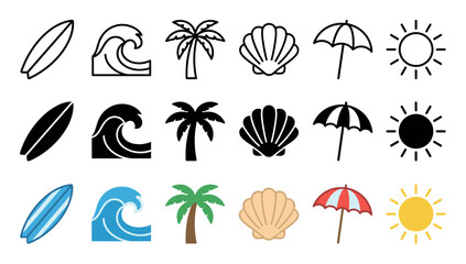 Obraz premium Surfboard, wave, palm tree, seashell, umbrella, sun icons presented in a versatile collection of outline, solid, and colored vector graphics.