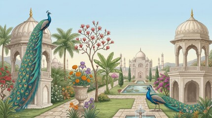 Fototapeta premium Panoramic Vintage Chinoiserie Mughal Garden Wallpaper with Twin Marble Pavilions and Elegant Peacocks