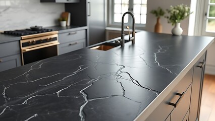 Fototapeta premium A dark grey soapstone kitchen countertop with carved patterns and soft light.