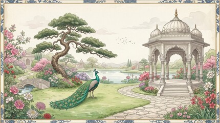 Fototapeta premium Elegant Vintage Chinoiserie Palace Garden Illustration with Peacock beside a Marble Mughal Pavilion