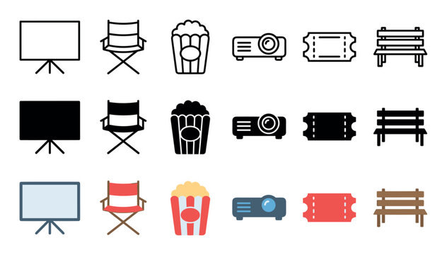 Projection screen, director's chair, popcorn, projector, ticket, bench are essential items for movie and outdoor entertainment experiences, presented as a versatile icon set.