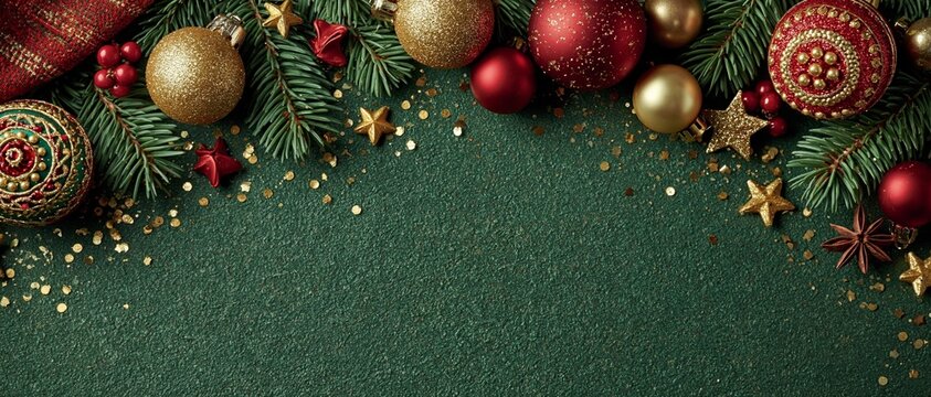Festive pine branches and glittering ornaments frame a dark green background for holiday celebrations.