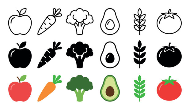 Apple, carrot, broccoli, avocado, wheat, and tomato vector icons presented in outline, solid, and colorful styles, representing healthy eating and fresh produce.