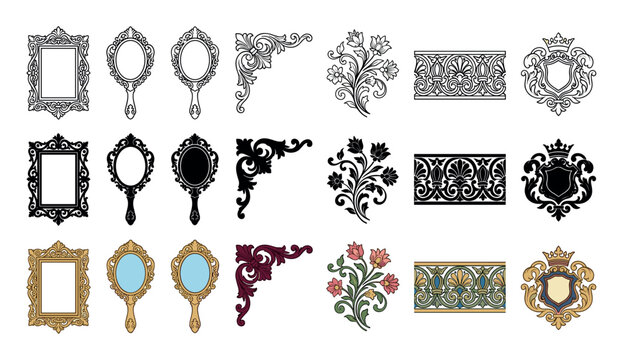 Ornate decorative vintage design elements including elegant frames, hand mirrors, floral patterns, decorative borders, and heraldic crests.