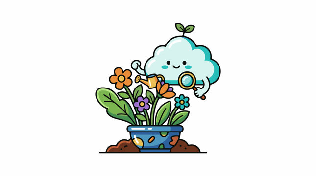 A cartoon cloud with a smiling face waters colorful flowers in a blue pot