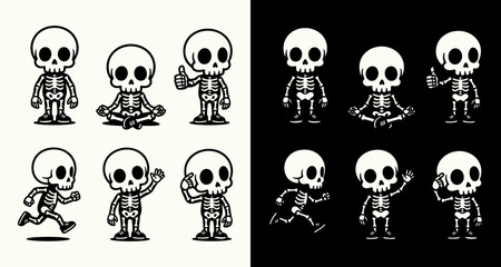 Obraz premium Cute Skeleton Mascot Logo Vector Set: Funny Cartoon Chibi Skull Characters in Yoga, Running, and Waving Poses for Halloween, Stickers, and Brand Identity