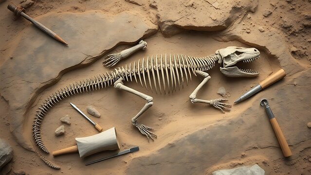articulated. Articulated reptile skeleton in sedimentary rock with tools, archaeological excavation and fossil discovery concept. STEM education sheets.