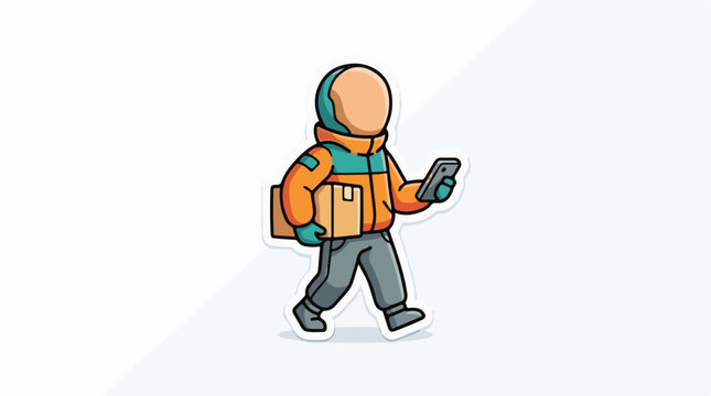 A cartoon delivery person in an orange and teal jacket walks while holding a phone