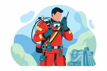 Rescue Diver Coordinating Emergency Operations with Scuba Gear © nasyih