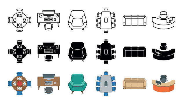 Various furniture icons including dining tables, office desks, armchairs, conference tables, sofas, and reception desks presented in outline, solid, and colored styles.