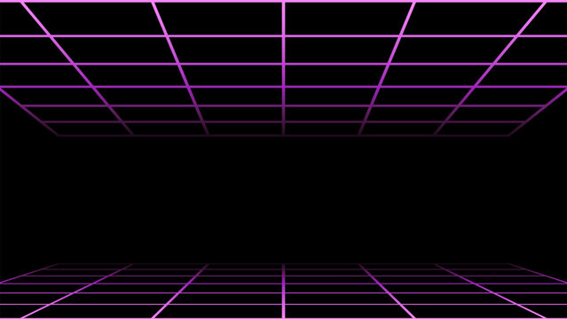 Retro Neon Grid Background with Copy Space &ndash; Synthwave Futuristic Wireframe. Vector Illustration