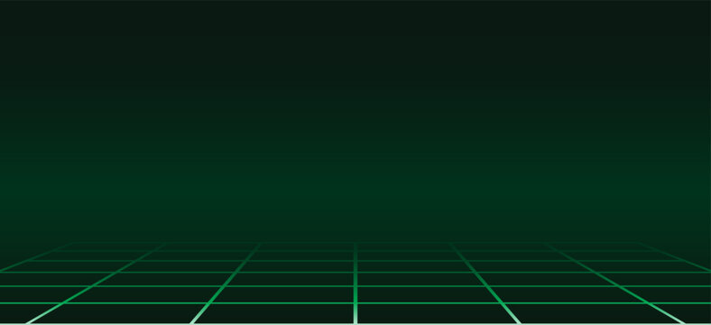 Green Neon Grid Background &ndash; Retro Futuristic Synthwave Wireframe. Vector Illustration