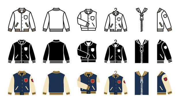 Varsity jackets, bomber jacket, and letterman jacket icons in various styles including outline, silhouette, and flat color illustrations.
