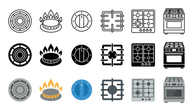 Kitchen stove and gas cooking appliance icon collection featuring gas burner control knob cooktop oven and kitchen range in outline solid and colored styles