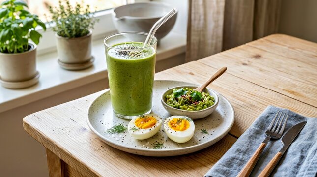 Green Smoothie With Deviled Eggs and Guacamole on Rustic Table