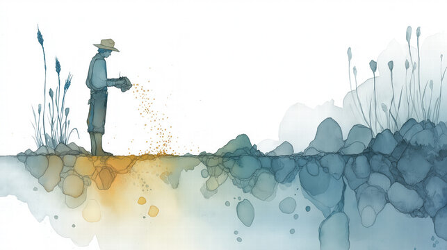 Watercolor illustration of the Parable of the Sower showing seeds scattered across different soils and landscapes