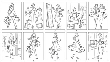Fototapeta premium Luxury Lifestyle Shopping Poses Line Art Collection | 10 Premium Fashion Retail Vector Pack