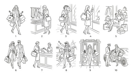 Obraz premium Luxury Lifestyle Shopping Poses Line Art Collection | 10 Premium Fashion Retail Vector Pack