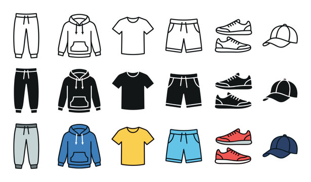Casual clothing and accessories icon set collection featuring various apparel items like hoodies, t-shirts, shorts, sweatpants, sneakers, and caps in outline, solid, and colored styles.