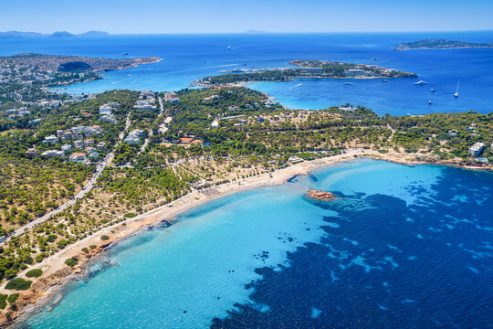 Aerial view of the popular beach of Kavouri in south Athens, Attica, Greece, with turquoise waters