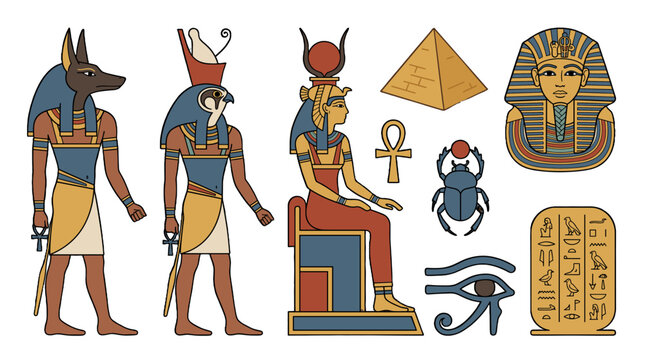 Ancient Egyptian deities and symbols set in flat vector style
