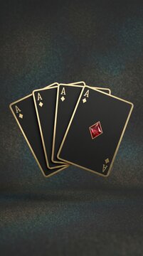 Four luxury ace cards with ruby detail on dark textured background and clean copy space. Concept of poker jackpot, casino advertising, gambling luck, premium game design and betting promos.