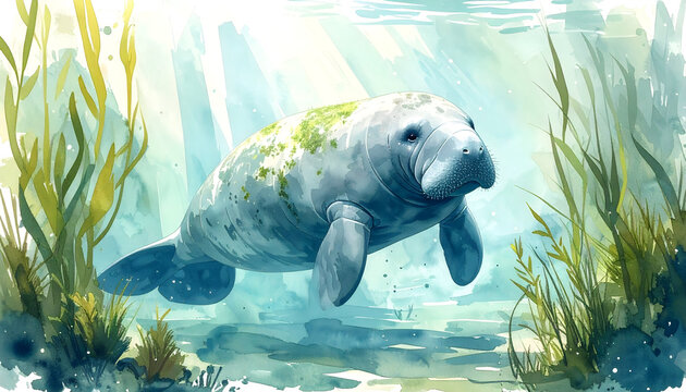 Manatee feeding on green seagrass in a calm underwater environment looks peaceful gentle and full of professional detailed watercolor illustration generative AI