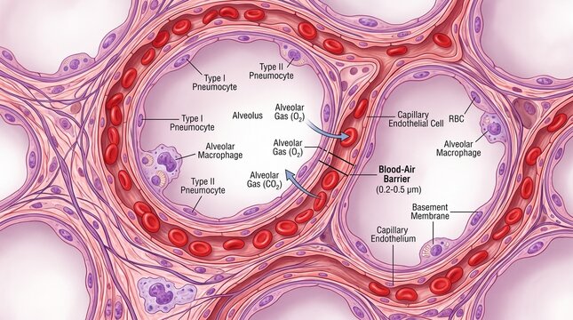 Medical illustration showing the anatomy of a lung alveolus and the blood-air barrier gas exchange process including pneumocytes and red blood cells