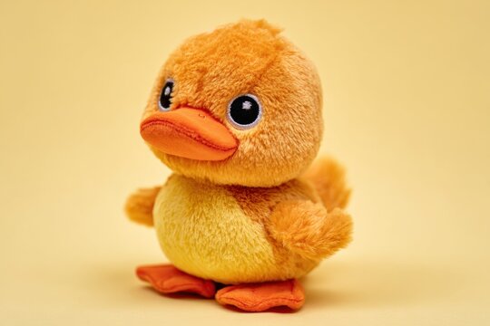 Cute Plush Duck Toy on Yellow Background
