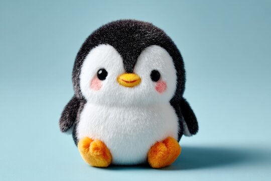 Cute Plush Penguin Toy on Blue Background