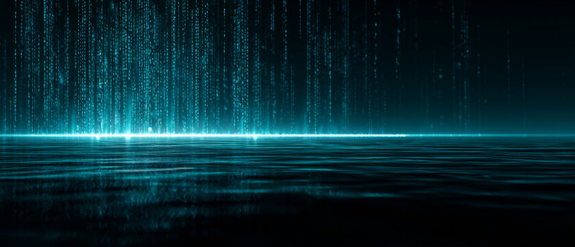 Blue digital code rain with water reflection