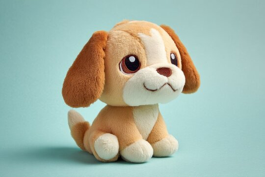 Cute Plush Puppy Toy on Light Blue Background