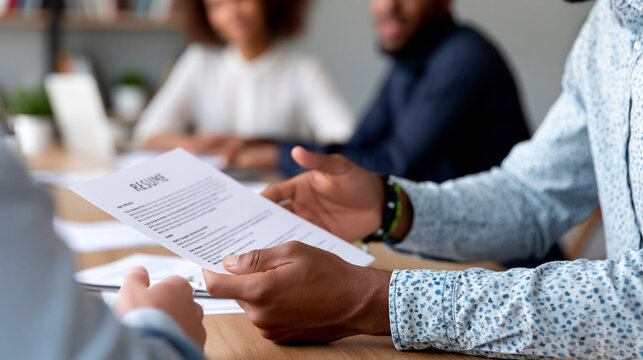 Faceless HR manager interviewing male job candidate with resume and documents in office, recruitment process concept, corporate hiring photography, defocused workplace background,