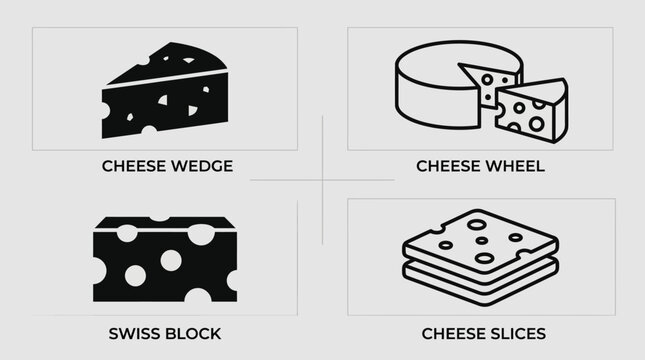 A set of cheese vector icons displayed in a 2x2 grid layout.