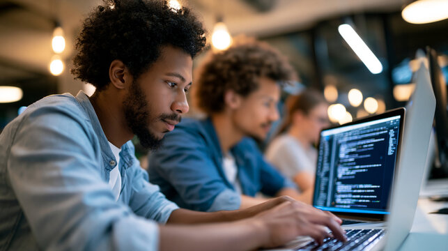 Multiethnic group of faceless young professionals collaborating around laptops in modern office discussing software development project, tech teamwork concept, coding team