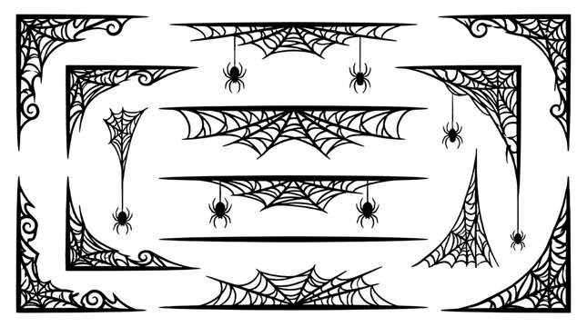 Set of decorative spider web borders and corner elements
