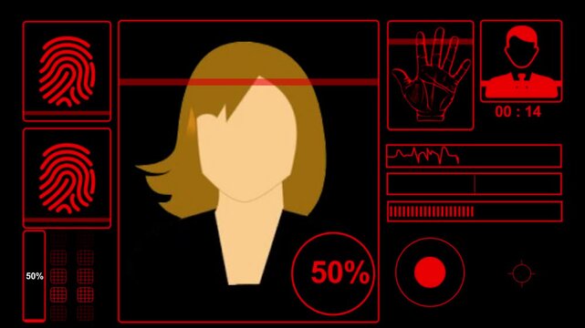 Biometric system screen shows a golden digital interface analyzing human identity through facial recognition and fingerprint scanning with data bars indicating real time progress status for security.