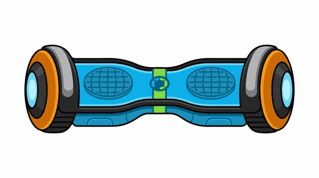 A blue and orange hoverboard with two wheels and a green stripe
