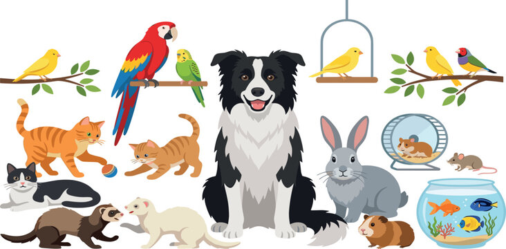 Domestic pets and cute animals vector illustration collection featuring a border collie dog domestic cats colorful birds rabbit ferrets hamster and goldfish bowl (23 words)