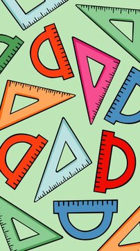 Seamless geometry ruler and protractor pattern animation featuring colorful measuring tools on a soft background. Perfect for mathematics, education, school, classroom, and learning projects.