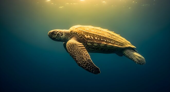 A large leatherback sea turtle glides through deep blue underwater depths while warm golden sunlight streams from the surface onto its ridged shell and flippers in the ocean.